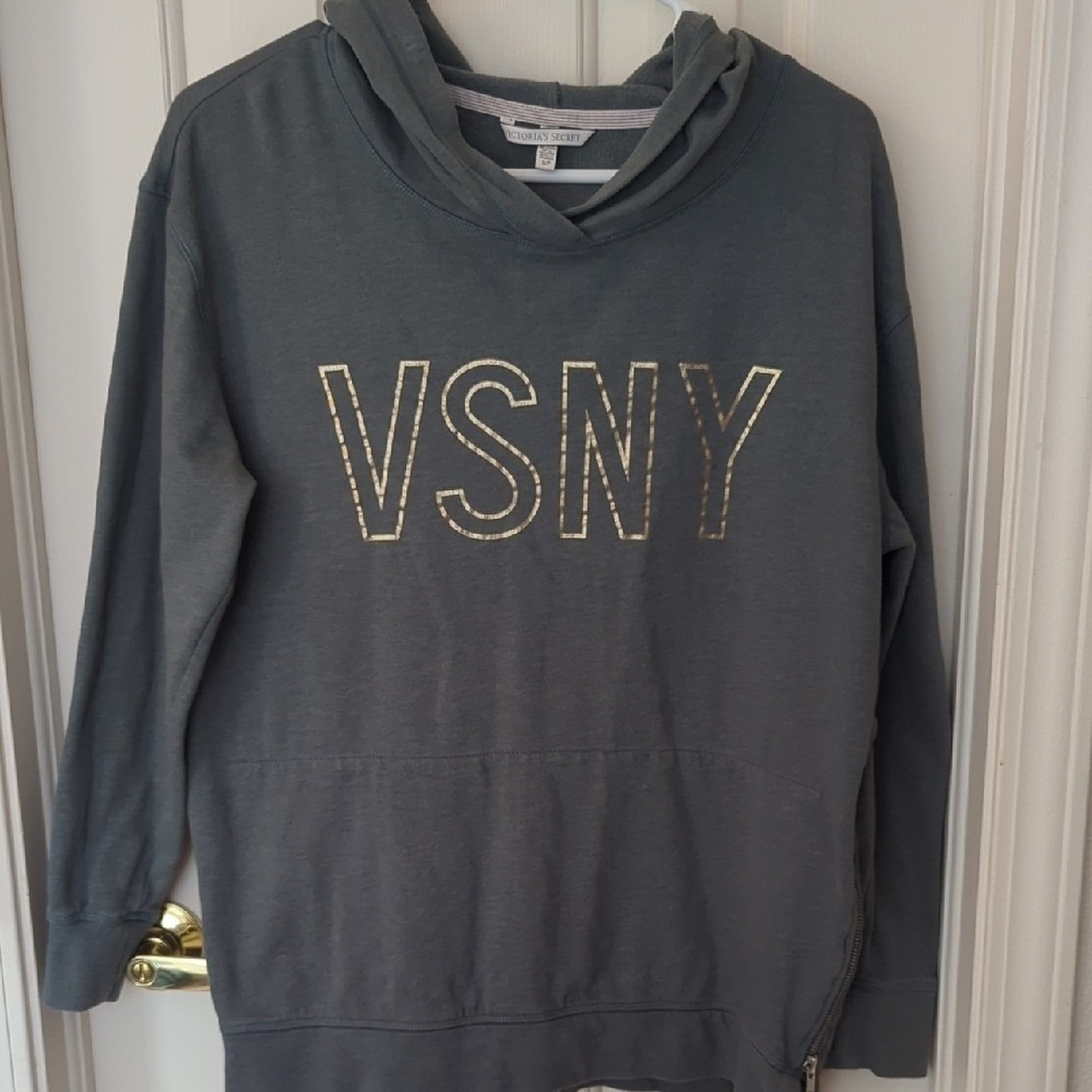 Victorias‎ Secret VSNY Hoodie Gray Gold Graphic Side Zip Pullover Sweatshirt S